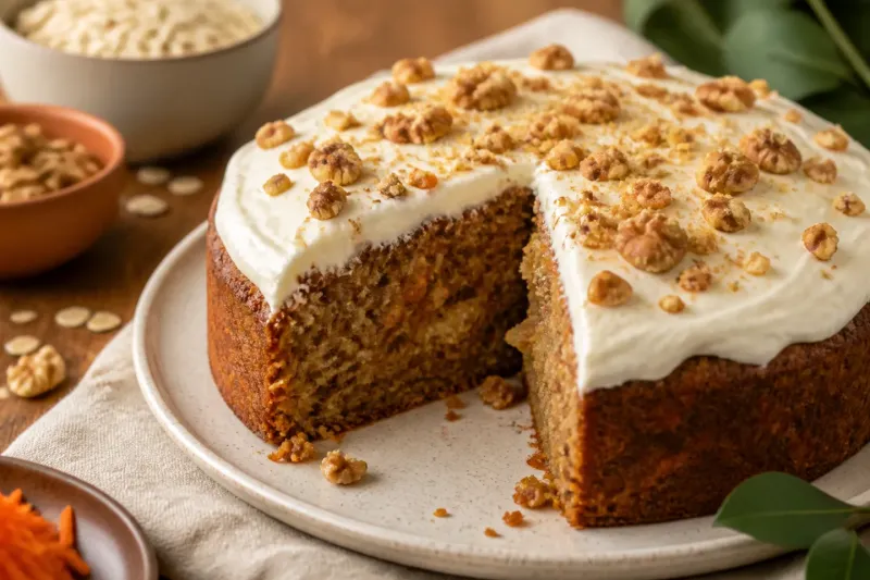 Aangesneden carrot cake met yoghurtlaag en walnoten