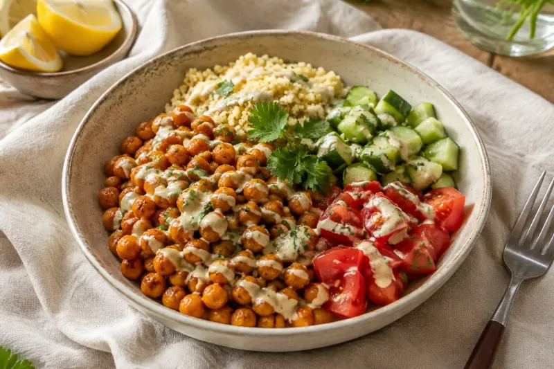 Kom met geroosterde kikkererwten, couscous, groenten en tahinsaus