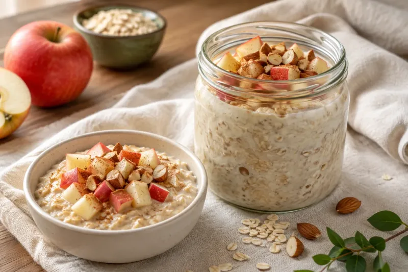 Pot en kom overnight oats met appel, kaneel en amandelen
