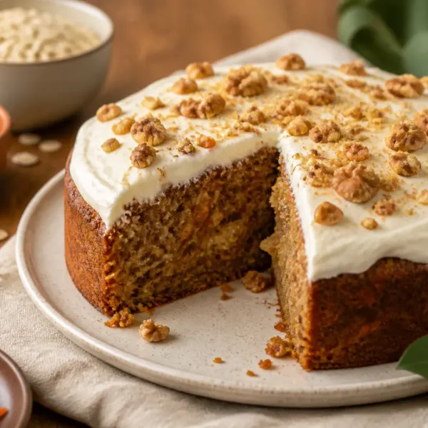 Aangesneden carrot cake met yoghurtlaag en walnoten