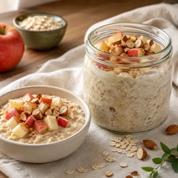 Pot en kom overnight oats met appel, kaneel en amandelen